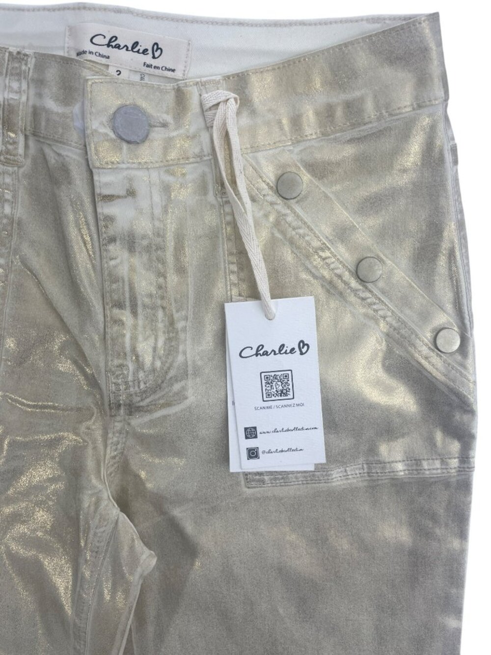Charlie B Metallic Gold Straight-Leg Stretch Jeans Regular Rise Wmn's Sz 2 NWT - Picture 3 of 10